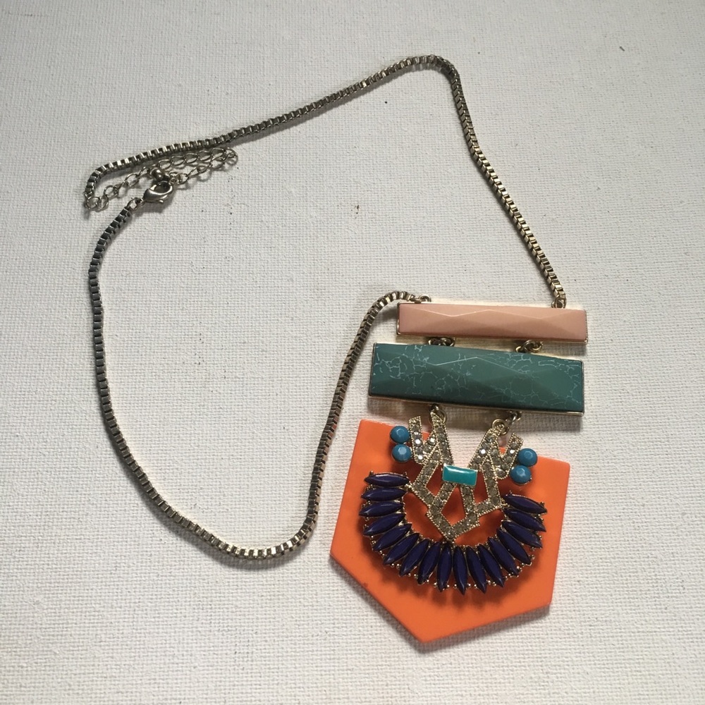 Orange, blue & teal layered bar pendant necklace